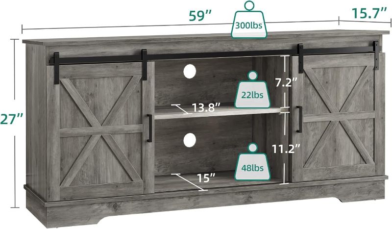 Photo 5 of **NON-REFUNDABLE** (READ FULL POST) (PARTS ONLY) YITAHOME Farmhouse TV Stand for 65/60/55 Inch, Modern Entertainment Center with Sliding Barn Door, Wood TV Media Console Storage TV Cabinet for Living Room for 300lbs, Rustic Grey