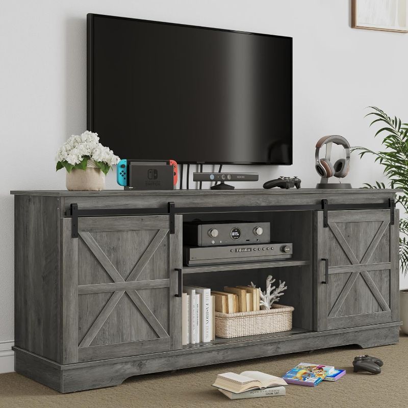 Photo 1 of **NON-REFUNDABLE** (READ FULL POST) (PARTS ONLY) YITAHOME Farmhouse TV Stand for 65/60/55 Inch, Modern Entertainment Center with Sliding Barn Door, Wood TV Media Console Storage TV Cabinet for Living Room for 300lbs, Rustic Grey