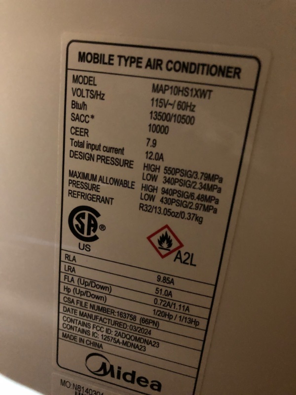 Photo 5 of [READ NOTES FOR DAMAGE]**
Midea 14,000 BTU ASHRAE (10,000 BTU SACC) Portable Air Conditioner, Cools up to 375 Sq. Ft., with Dehumidifier & Fan mode & Heat, Smart & Remote Control with Remote, Easy-to-use and Install White 14,000 BTU with Heat