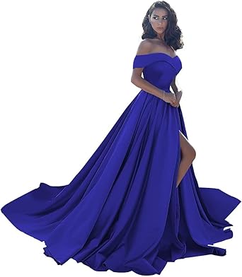 Photo 1 of ***STOCK PHOTO FOR REFERENCE ONLY***
Off Shoulder Satin Prom Dresses Ball Gown Plus Size Formal Dresses for Women Wedding Dress with Slit (SIZE 12)