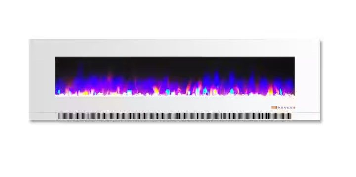 Photo 1 of 
60 in. Wall-Mount Electric Fireplace in White with Multi-Color Flames and Crystal Rock Display