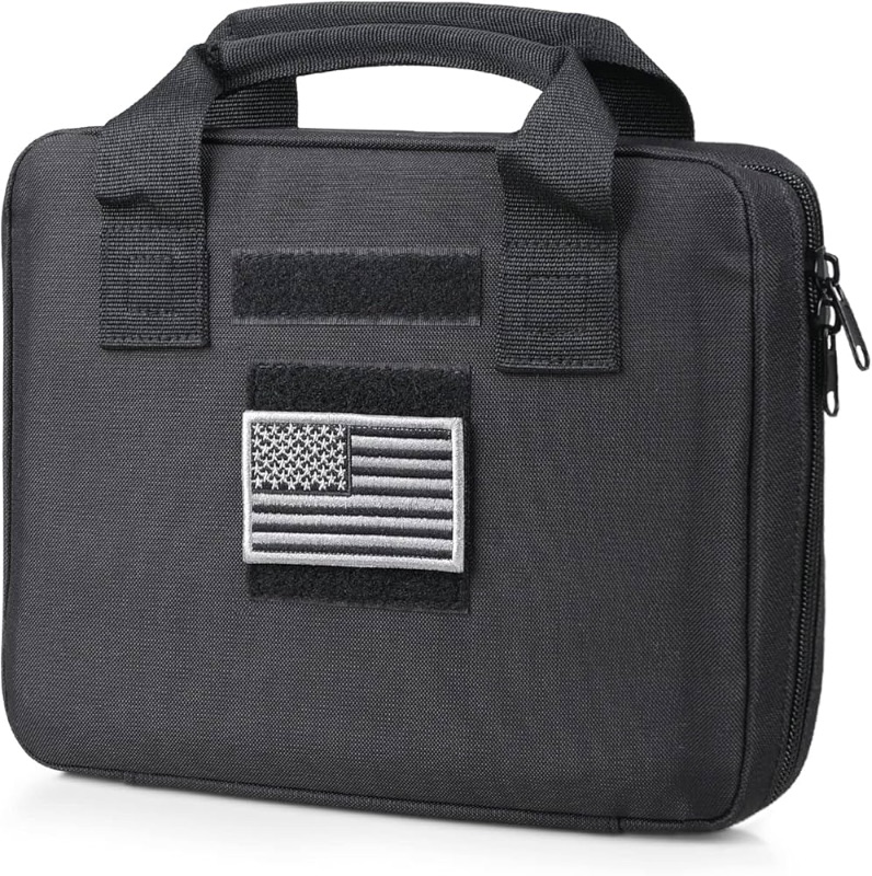 Photo 1 of **AMERICAN FLAG NOT INCLUDED**
Tactical  Handgun Case Bag, Gun Case Soft Gun Carrying Storage Bag Square Pistol Shooting Range Bag Dual Padded Firearm Case Handgun Pouch