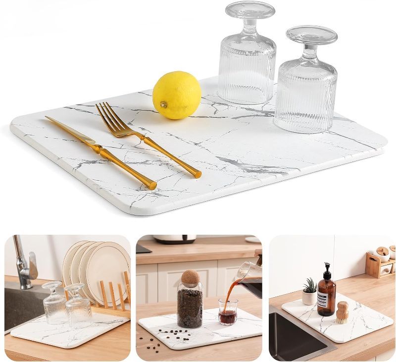 Photo 1 of ***STOCK PHOTO REFERENCE ONLY***Super Absorbent Stone Drying Mat for Kitchen Counter, Fast-Drying Diatomaceous Earth Dish Drying Mats, Versatile Stone Drying Tray for Cups Dishes Bottles, White-Marble
