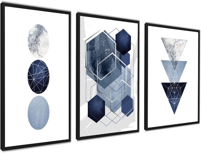 Photo 1 of ***STOCK PHOTO REFERENCE ONLY***
ag.art deco Poster Set Collage Decoration Home Modern Wall Decoration, Living Room, Bedroom, Blue, Silver, 3 Pieces, Triangles and Circles, Triptych, Abstract without Picture Frame, canvas art wall decor 12x16 shapes