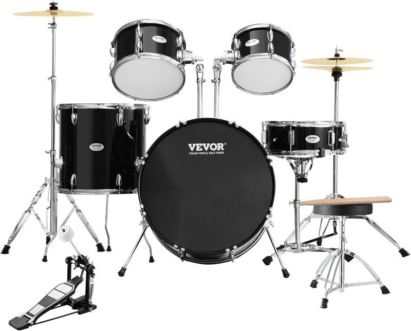 Photo 1 of ***MISSING BASS DRUM***VEVOR 5 Piece 22 in Drum Set for Adult, Full Size Drum Kit with Bass Toms Snare Adjustable Throne Stands Cymbal Hi-Hat Pedal Drumsticks, Beginner Drum Set for Adults, Black