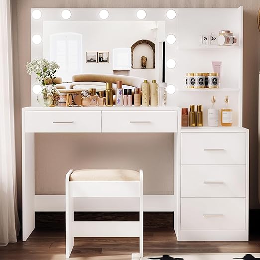 Photo 3 of 
Rovaurx 46.7" W Makeup Vanity Set with Lights and Mirror, Vanity Desk with 5 Drawers, 3 Lighting Colors, Dressing Table for Bedroom, Studio, White RSZT106WD
