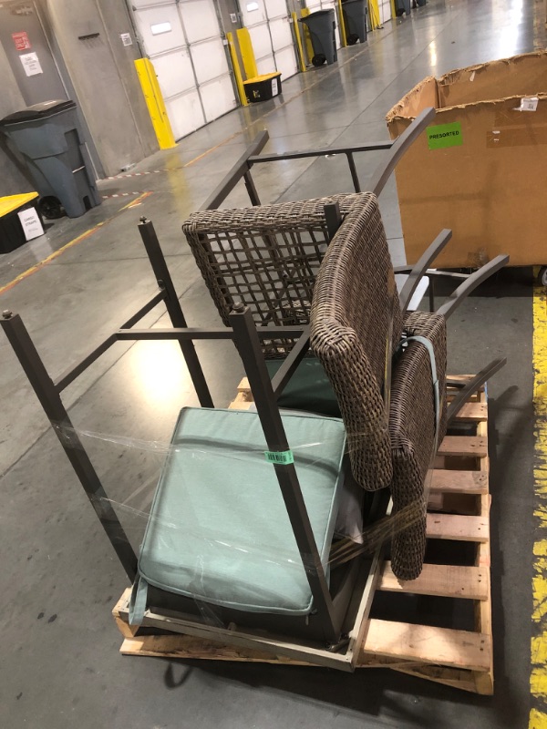 Photo 6 of *** SOLD ON PALLET SOLD AS IS- TRUCK/TRAILER PICKUP ONLY*** allen + roth Isla Park 3-Piece Brown Wicker Balcony Height Patio Dining Set Steel Square Table with 2 Green Cushions Stationary Chairs
