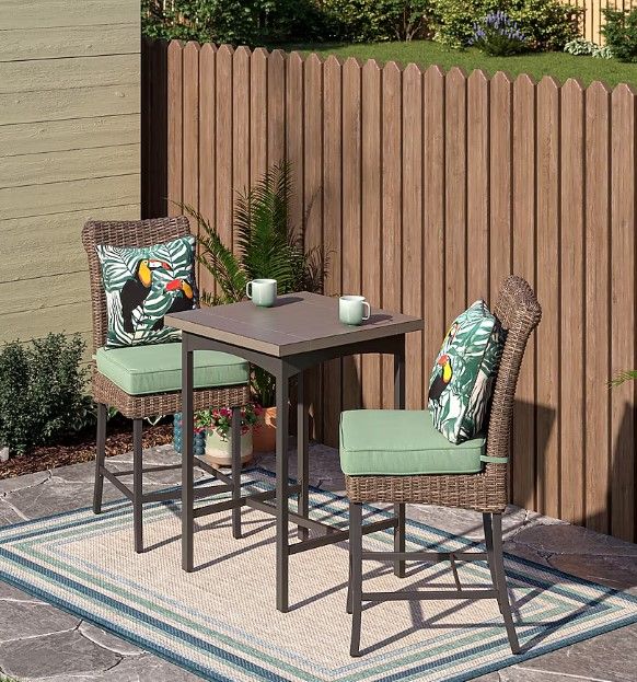 Photo 1 of *** SOLD ON PALLET SOLD AS IS- TRUCK/TRAILER PICKUP ONLY*** allen + roth Isla Park 3-Piece Brown Wicker Balcony Height Patio Dining Set Steel Square Table with 2 Green Cushions Stationary Chairs
