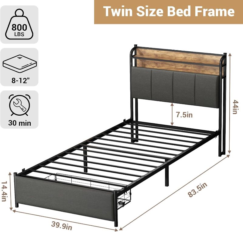 Photo 4 of (READ FULL POST) Zevemomo LED Twin Bed Frame with Charging Station, Twin Size Platform Bed with RGB LED Lights, 2 Tier Storage Headboard, Unique Heave Duty Metal Round Bar, No Box Spring Needed, Grey