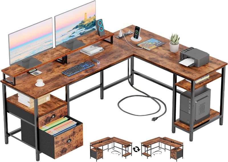 Photo 1 of  Shaped Desk with Power Outlet, Reversible Computer Desk with File Drawer & 2 Monitor Stands,