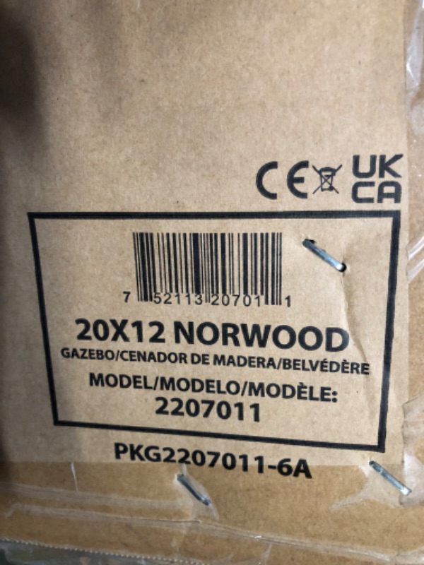 Photo 10 of ***SOME ROOF PANELS BENT AT CORNER / SEE PHOTO / BOX BUSTED IN CORNER*** **8 OF 8 BOXES**  ***IS THE ENTIRE PALLET WILL NEED A TRAILER OR MOVING TRUCK TO PICK UP***

Backyard Discovery Norwood 20 ft. x 12 ft. All Cedar Wooden Carport Pavilion Gazebo with 