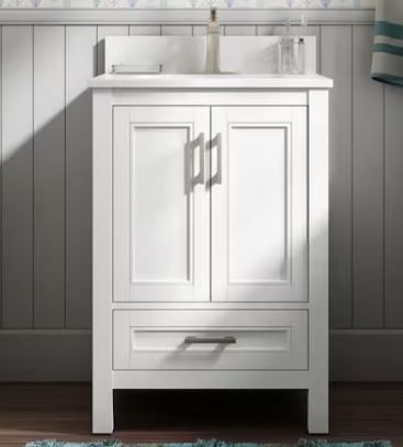 Photo 1 of ***DAMAGE UNKNOWN*** ***FACTORY SEALED***
allen + roth Crest Hill 24-in White Undermount Single Sink Bathroom Vanity with Engineered Carrara Marble Top
