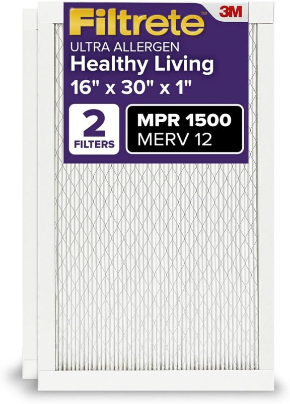 Photo 1 of ***IMAGE FOR REFERENCE / BRAND UNKNOWN***
Filtrete 16x30x1 AC Furnace Air Filter, MERV 12, MPR 1500, CERTIFIED asthma & allergy friendly, 3 Month Pleated 1-Inch Electrostatic Air Cleaning Filter, 2-Pack (Actual Size 15.81x29.81x0.78 in)
