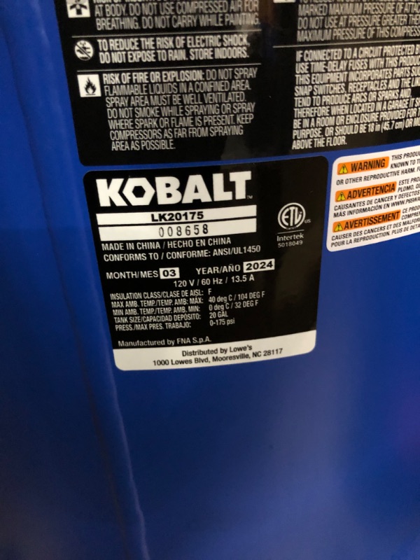 Photo 5 of **(PARTS ONLY)** Kobalt 20-Gallon Portable Electric 175 PSI Vertical Air Compressor
