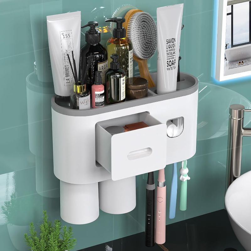 Photo 1 of ***IMAGE FOR REFERENCE***
Toothbrush Holder Wall Mounted, Automatic Toothpaste Dispenser Squeezer Kit -Magnetic Toothbrush Holder for Bathroom and Vanity, 4 Brush Slots 2 Cups 1 Cosmetic Drawer
