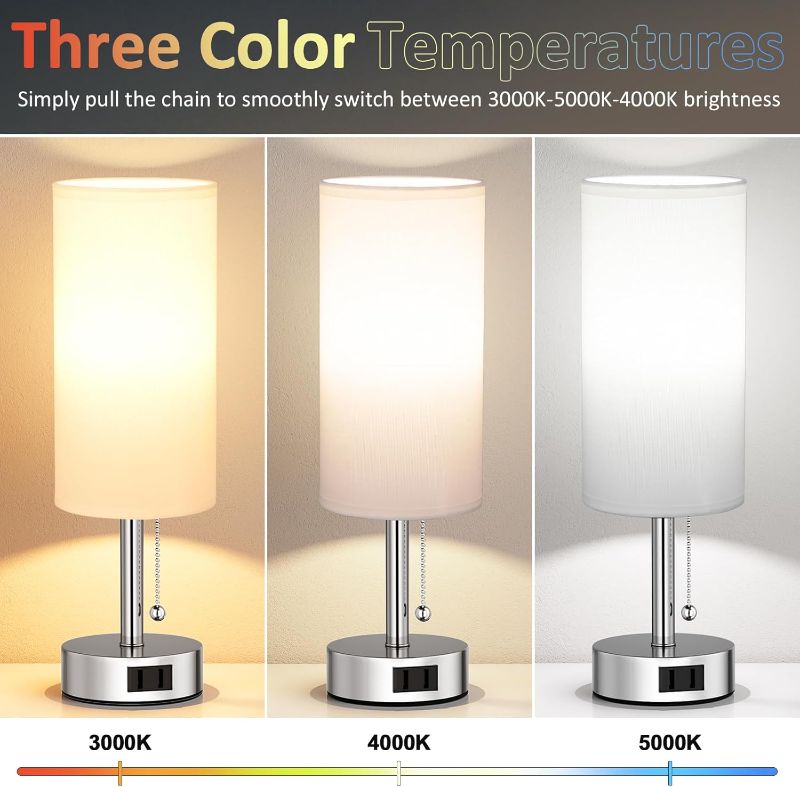 Photo 1 of ***IMAGE FOR REFERENCE*** ***2 PACK***
White Bedside Table Lamps Set of 2-3 Color Temperatures Pull Chain Lamp with AC Outlet Charging Port, Two Round Night Stand Lamps for Bedroom, Small Bed Side Light with E26 LED Bulbs
