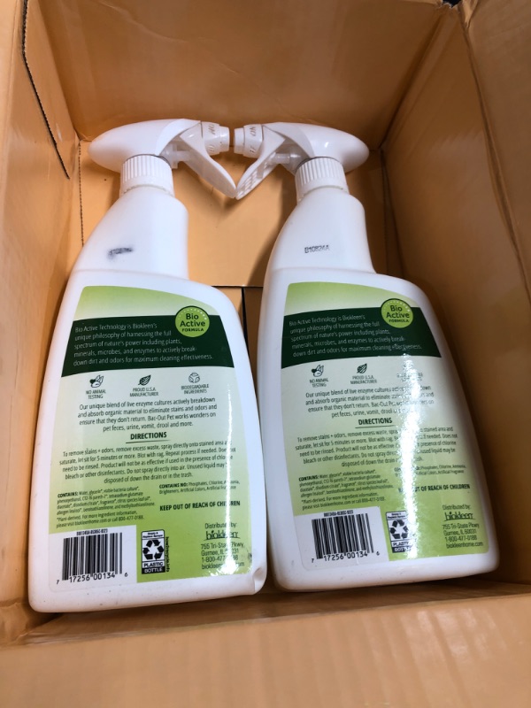 Photo 2 of ***USED*** ***JUST BOTTLES NO RAG***
Biokleen Bac-Out Pet Urine Odor Eliminator - 32 Ounce Spray 2 Pack - Enzymatic, Natural, Destroys Stains & Odors Safely, for Pet Stains on Carpets & Furniture - Micro Towel Included