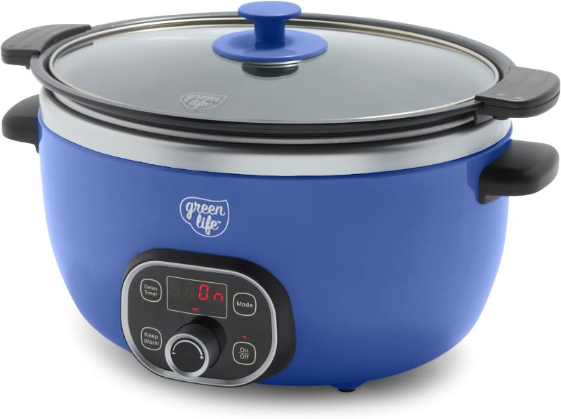 Photo 1 of **NONREFUNDABLE**FUNCTIONAL**SEE NOTES**
GreenLife Cook Duo Healthy Ceramic Nonstick Programmable 6 Quart Family-Sized Slow Cooker, PFAS-Free,Removable Lid and Pot,Digital Timer,Adjustable Temperature Control,Dishwasher Safe Parts,Night Blue