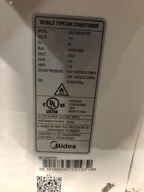 Photo 9 of ***DAMAGED - UNTESTED - MISSING PARTS - SEE COMMENTS***
Midea Duo 14,000 BTU (12,000 BTU SACC) High Efficiency Inverter Quiet Portable Air Conditioner,with Heat up to 550 Sq. Ft.,white, Works with Alexa/Google Assistant, with Remote Control & Window Kit W