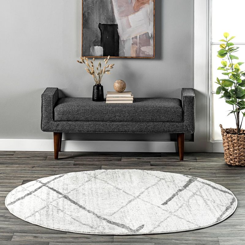 Photo 1 of  4'x6' Round Thigpen Contemporary Area Rug, Grey, Abstract Lines, Non-Slip Backing, Stain Resistant 
