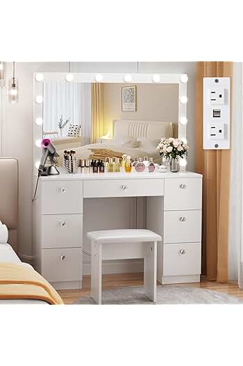 Photo 1 of ***SEE NOTES*** 
Vanity with Lighted Mirror - Makeup Vanity Desk with Power Outlet and 7 Drawers, 3 Color Lighting Modes Adjustable Brightness, 44" Vanity Table with Soft Cushioned Stool for Women Girls, White
