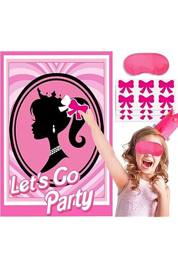 Photo 1 of (2 PACK) Pink Girl Party Game Supplies, Pin The Bow Sticker on The Head Pink Girl Princess Party Game, Large Poster with 24Pcs Bow Stickers for Girls Birthday Party Favor Decoration