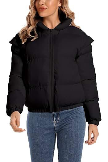 Photo 1 of (MEDIUM*Hujoin Women's Winter Cropped Puffer Jacket with Pockets Zip Up Long Sleeves Warm Quilted Crop Puffer Jacket