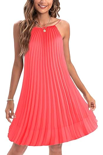 Photo 1 of (LARGE) Ellames Women's Summer Spaghetti Strap Pleated Casual Swing Midi Dress  
