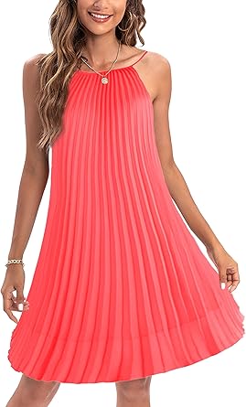 Photo 1 of (LARGE) Ellames Women's Summer Spaghetti Strap Pleated Casual Swing Midi Dress  
