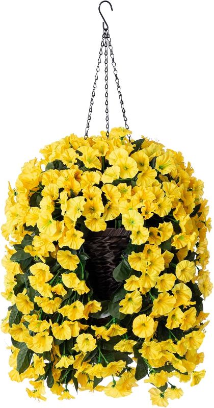 Photo 1 of (READ FULL POST) Waipfaru Artificial Hanging Plants Outdoors, Fake Artificial Hanging Baskets with Flowers, Faux Silk Flowers for Front Porch Patio Outside Urn Fillers Spring Summer Decor (Yellow)