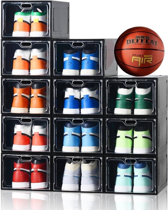 Photo 1 of 12 Pack Shoe Storage Box, Clear Shoe Storage Organizer with Magnetic Door, Stackable,For Display Sneakers?Easy Assembly?Fit up to US Size 12(13.4”x 9.8”x 7.1”)