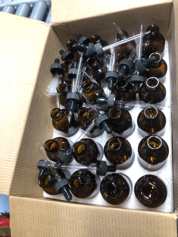 Photo 2 of **BROKEN DROPPERS- GLASS SHARDS ON ITEM**STARSIDE 24 Pack 4 oz Amber Glass Dropper Bottles for Essential Oils,120 ml Glass Bottles with Glass Droppers for Lab Chemicals,Perfumes.Included 1 Brush,2 Funnels and 24 Labels