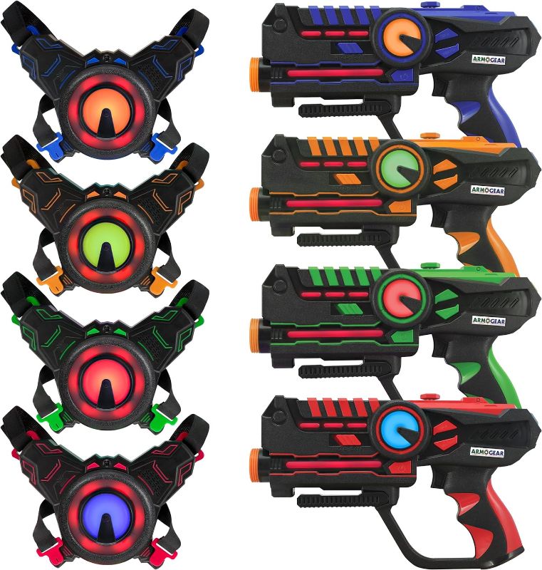 Photo 1 of **MISSING PIECES** ArmoGear Laser Tag Guns with Vests Set of 4 - Multiplayer Outdoor Games for Kids and Adults - Kids Toys for Indoor/Outdoor Fun - Toy Guns for Boys and Girls - Family Game Set - Ideal Gift for Ages 8+ *Red gun and vest missing* 
