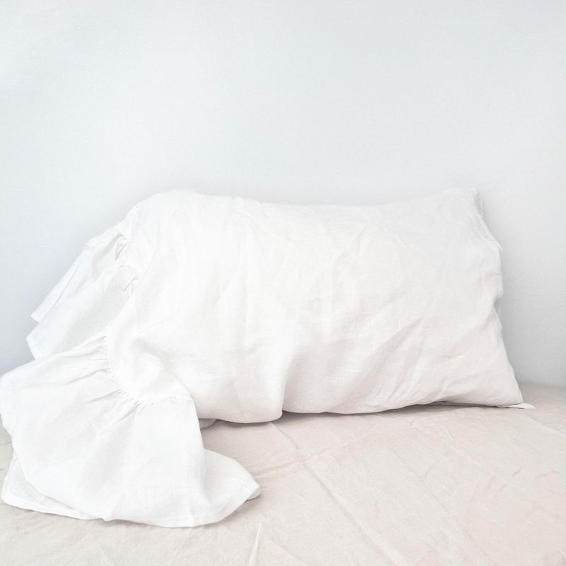 Photo 1 of (READ FULL POST) Ruffles Linen Pillowcase, Pure Flax Pillow Sham 100% French Linen Ruffled Pillow Cover Queen 1 PCS (Queen, White)
 