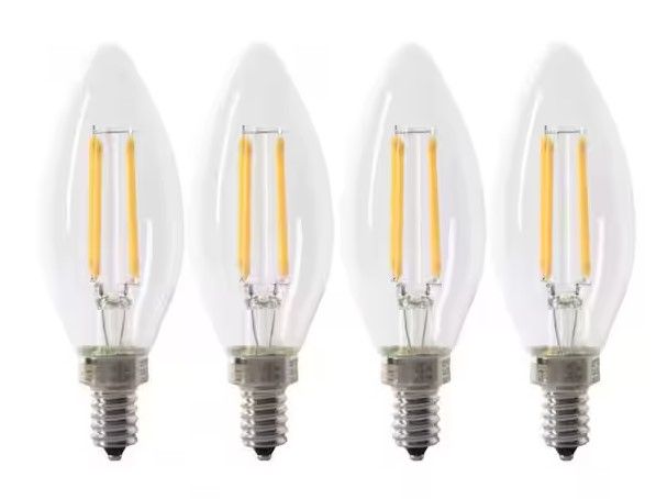 Photo 1 of **DAMAGE** 60-Watt Equivalent B10 E12 Candelabra Dimmable Filament CEC Clear Glass Chandelier LED Light Bulb Soft White (4-Pack) *1 Bulb broken*