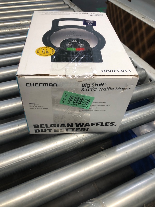 Photo 5 of **DAMAGE** Chefman Big Stuff, Belgian Deep Stuffed Waffle Maker, Mess-Free Moat, 5” Diameter with Dual-Sided Heating Plates, Wide Wrap with Locking Lid, Pour Light Indicator, Cool-Touch Handle, Stainless Steel *Handel damaged, still functions*