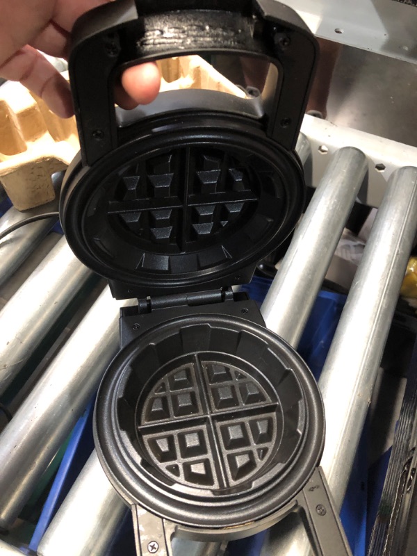 Photo 4 of **DAMAGE** Chefman Big Stuff, Belgian Deep Stuffed Waffle Maker, Mess-Free Moat, 5” Diameter with Dual-Sided Heating Plates, Wide Wrap with Locking Lid, Pour Light Indicator, Cool-Touch Handle, Stainless Steel *Handel damaged, still functions*