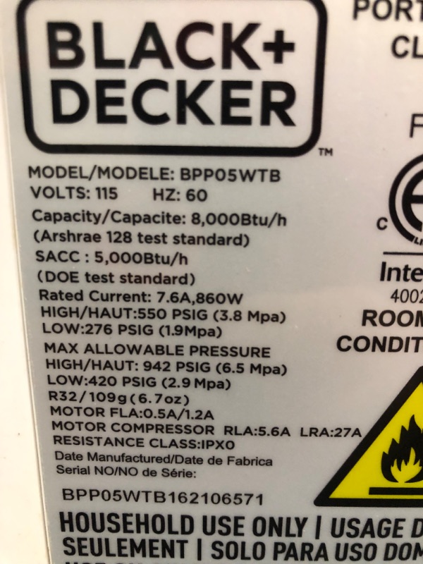 Photo 7 of **TURNED ON, UNABLE TO TEST FURTHER***BLACK+DECKER 8,000 BTU Portable Air Conditioner with Remote Control, White
