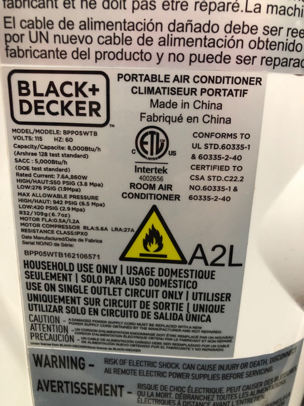 Photo 8 of **TURNED ON, UNABLE TO TEST FURTHER***BLACK+DECKER 8,000 BTU Portable Air Conditioner with Remote Control, White
