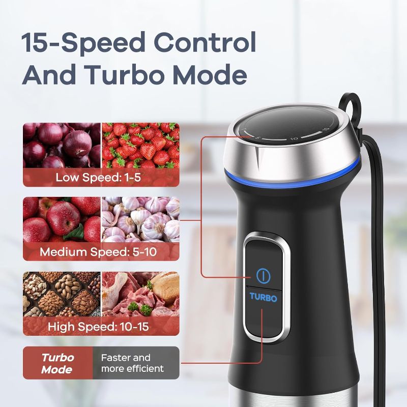 Photo 6 of (READ FULL POST) Ganiza Immersion Blender 5 in 1 Hand Blender Max 1000W Heavy Duty Motor, 16 Speed Mode Handheld Blender Stainless Steel Blade With 800ml Mixing Beaker, 600ml Chopper, Whisk and Milk Frother