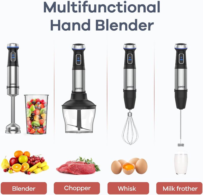 Photo 5 of (READ FULL POST) Ganiza Immersion Blender 5 in 1 Hand Blender Max 1000W Heavy Duty Motor, 16 Speed Mode Handheld Blender Stainless Steel Blade With 800ml Mixing Beaker, 600ml Chopper, Whisk and Milk Frother