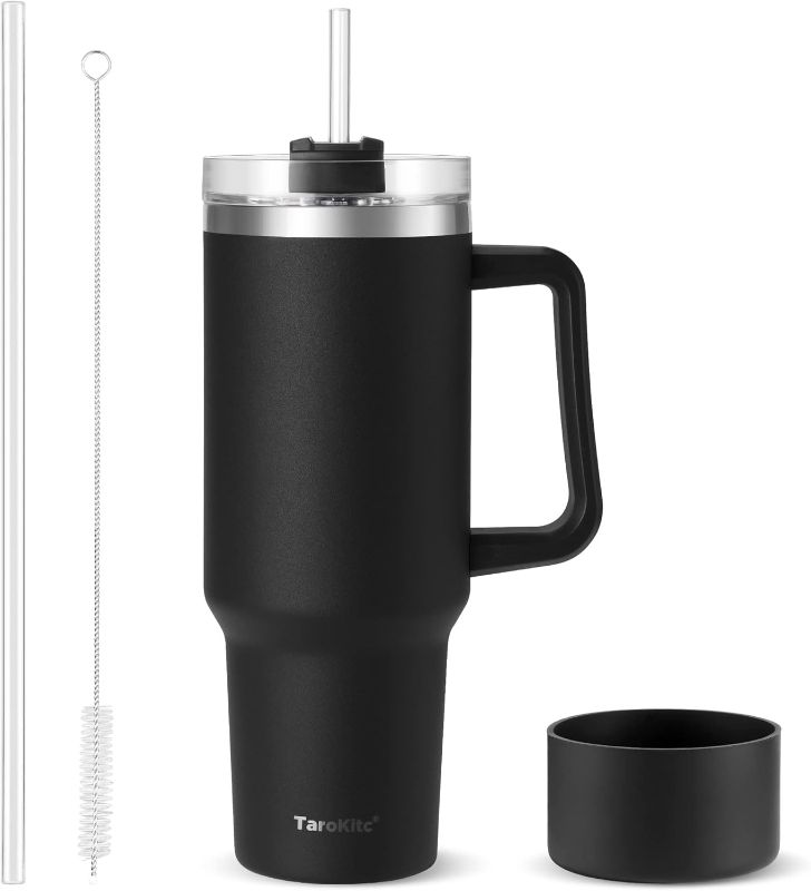 Photo 1 of ***missing straw and cleaner***TaroKitc 40 oz Tumbler with Handle | Stainless Steel Insulated Travel Mug Iced Coffee Cup with Lids and Straw | Keeps Drinks Cold for 34 Hours | Dishwasher Safe, BPA Free | BLACK
