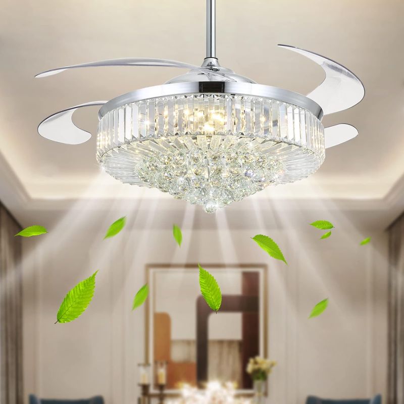 Photo 1 of 
*DETACHED CRYSTAL PIECES IN SECTION*
52 Inches Dimmable LED Fandelier Reverse Crystal Ceiling Fans with Light, Siljoy Modern Invisible Retractable Ceiling Chandelier Fan Light for Bedroom Living Dining Room, Polished Chrome
