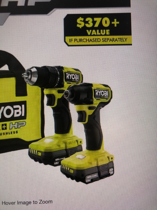 Photo 1 of ***INCOMPLETE SET / NO BAG OR BATTERY***
ONE+ HP 18V Brushless Cordless Compact 1/2 in. Drill and Impact Driver Kit with (2) 1.5 Ah Batteries, Charger and Bag