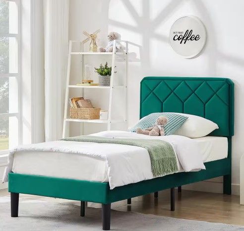 Photo 1 of Bed Frame with Upholstered Headboard, Green Metal Frame Twin Platform Bed with Strong Frame and Wooden Slats Support
