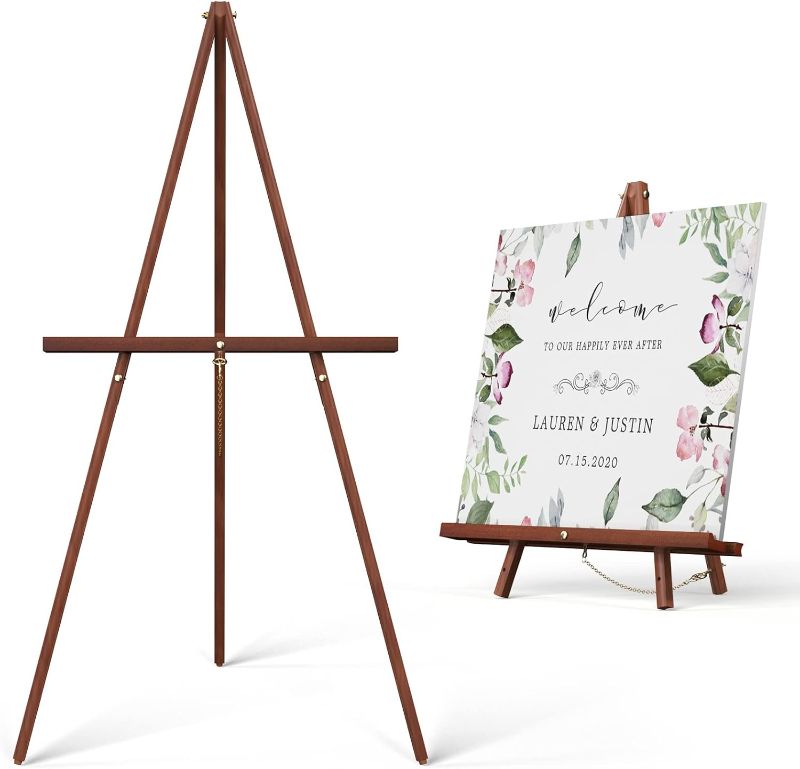 Photo 1 of Art Easel Wooden Stand - 63" Portable Tripod Display Artist Easel - Adjustable Floor Wood Poster Stand for Wedding, Painting, Drawing, Display Show, Brown
