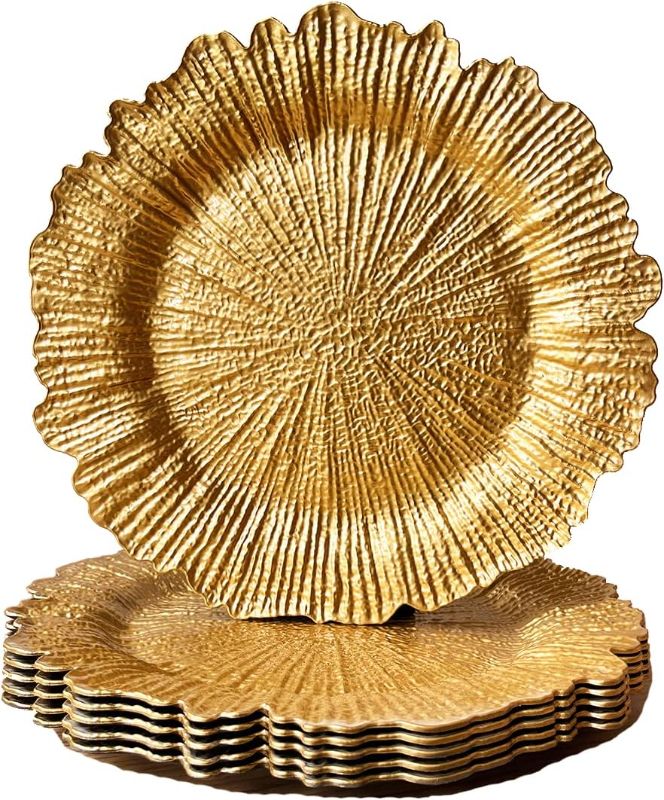 Photo 1 of 13" Gold Charger Plates, Plastic Reef Plate Chargers for Dinner Plates for Wedding, Events, Party, Tabletop Decor.(Set of 6)
