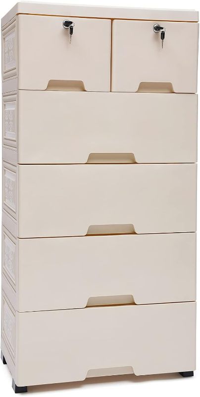 Photo 1 of Beige Plastic Storage Cabinet with 6 Drawers and Lock, Wheels, and Large Capacity - Ideal for Small Spaces, Easy to Assemble and Clean - Perfect for Bedroom, Nursery, and Playroom Organization