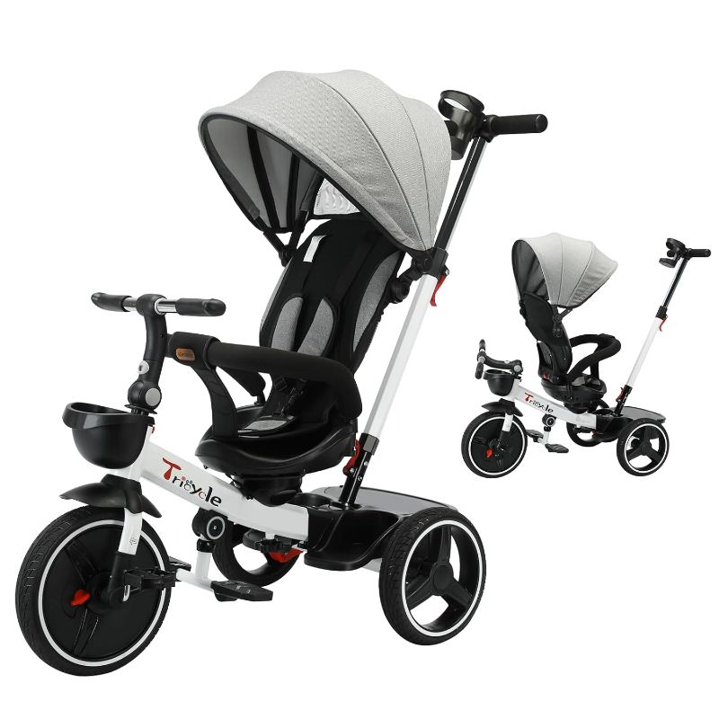 Photo 1 of Baby Tricycle,6-in-1 Baby Push Bike Steer Stroller,Learning Toddler Bike/Detachable Guardrail,Adjustable Canopy,Safety Harness,Folding Pedal,Storage Basket,Brake,Shock Absorption