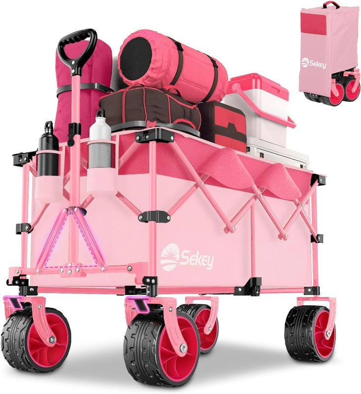 Photo 1 of Sekey 220L Collapsible Foldable Wagon with 330lbs Weight Capacity, Heavy Duty Folding Utility Garden Cart with Big All-Terrain Beach Wheels & Drink Holders.Barbie Pink